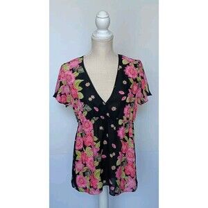 Oscar de la Renta Pink Label Size M Black Pink Floral Blouse w/Flutter Sleeve